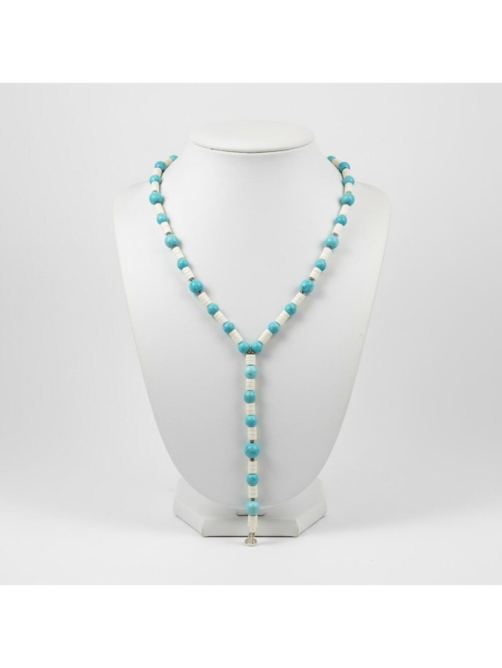 Coastal Caribbean Larimar & MOP White Shell Heishi Lariat Necklace 20 - 22" - Picture 2 of 9